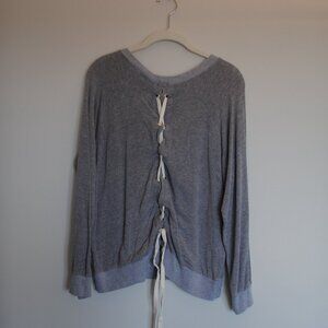 Monrow Lace Up Back Sweatshirt Gray Long Sleeve Pullover Cozy Lounge Top